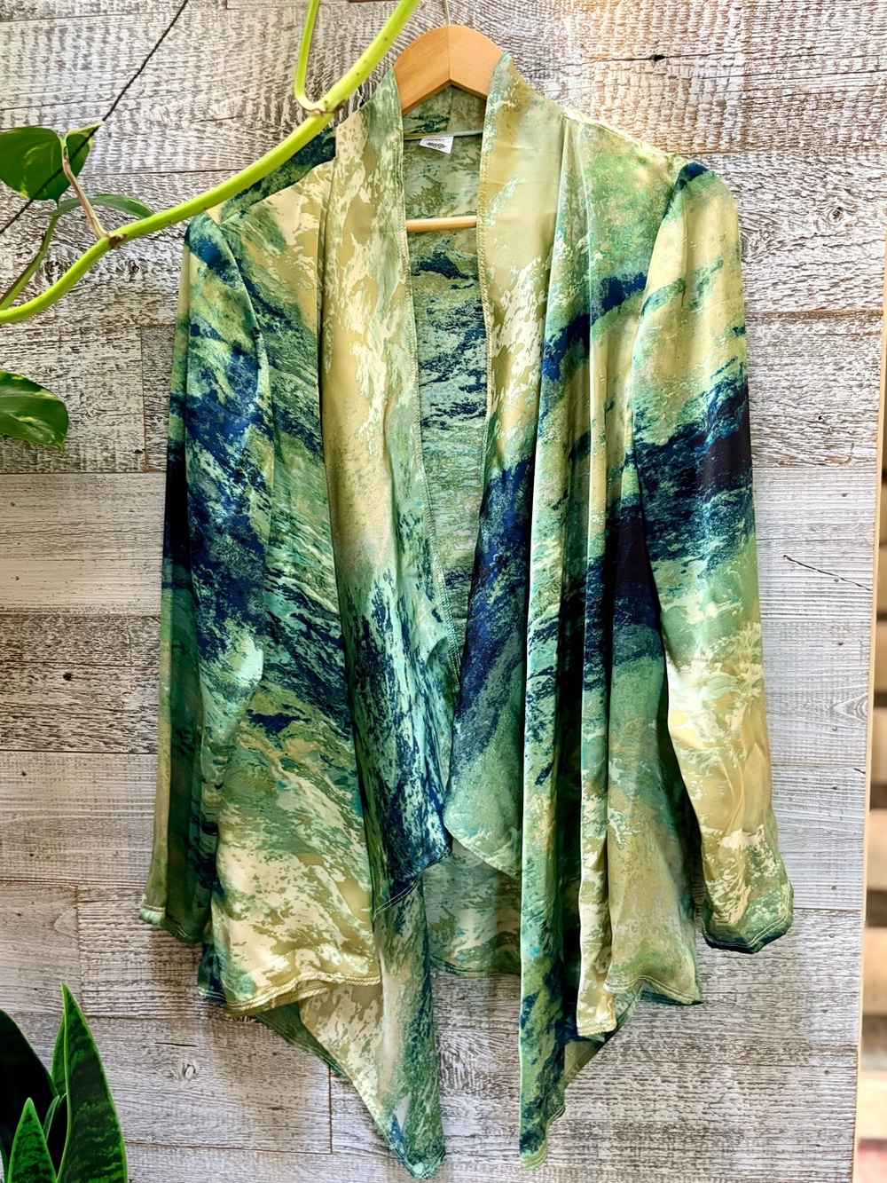 Jockey | Marbled Green/Blue Silk-Feel Open Front Waterfall Jacket - Women's L